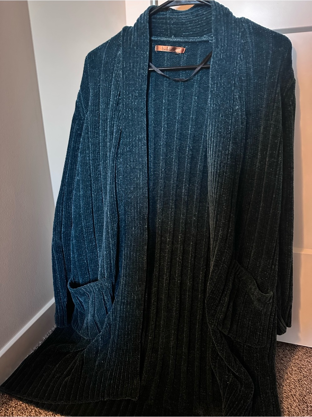 Belldini Women's Hunter Green Chenille Ribbed Open Front Cardigan with Pockets